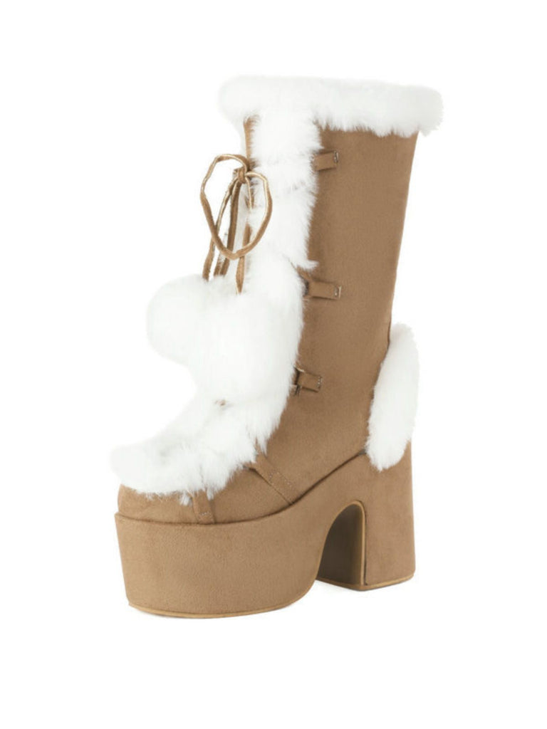 Bottes à talons hauts et bout rond en fausse fourrure vintage