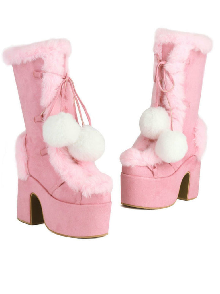 Bottes à talons hauts et bout rond en fausse fourrure vintage