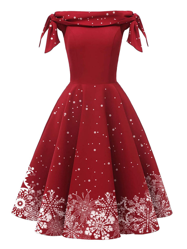 Robe Épaules Dénudées Flocon Neige Rouge Années 1950