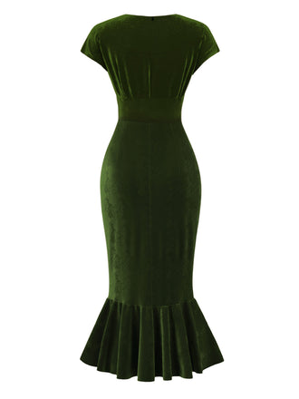 Robe de sirène en velours vert à col en V et boutons des années 1930