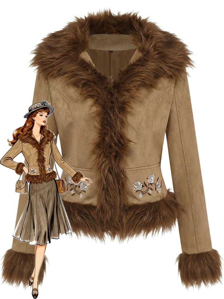 Veste avec bordure en fausse fourrure et broderie de roses années 1970