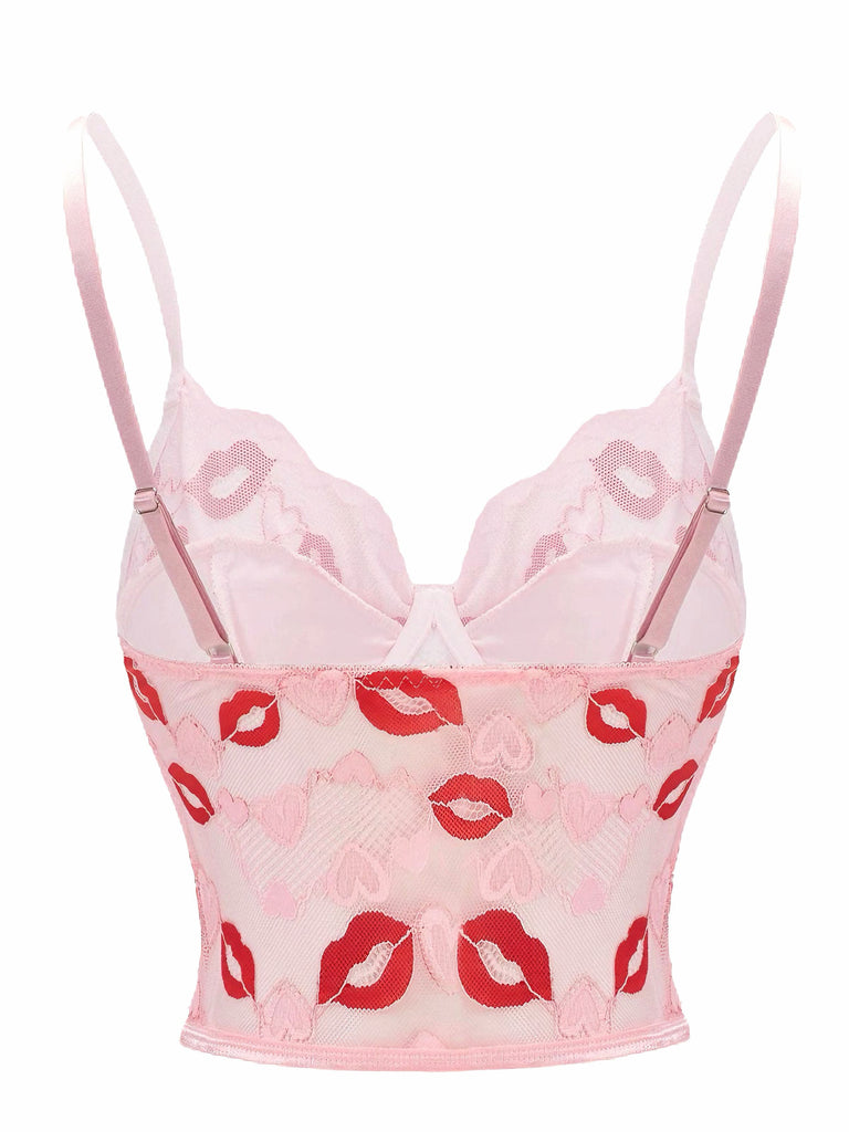 Corset Dentelle Rose Imprimé Bisou Saint-Valentin Année 1950