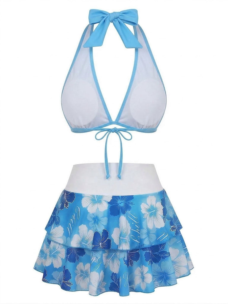 Bikini marron imprimé floral volanté années 1960