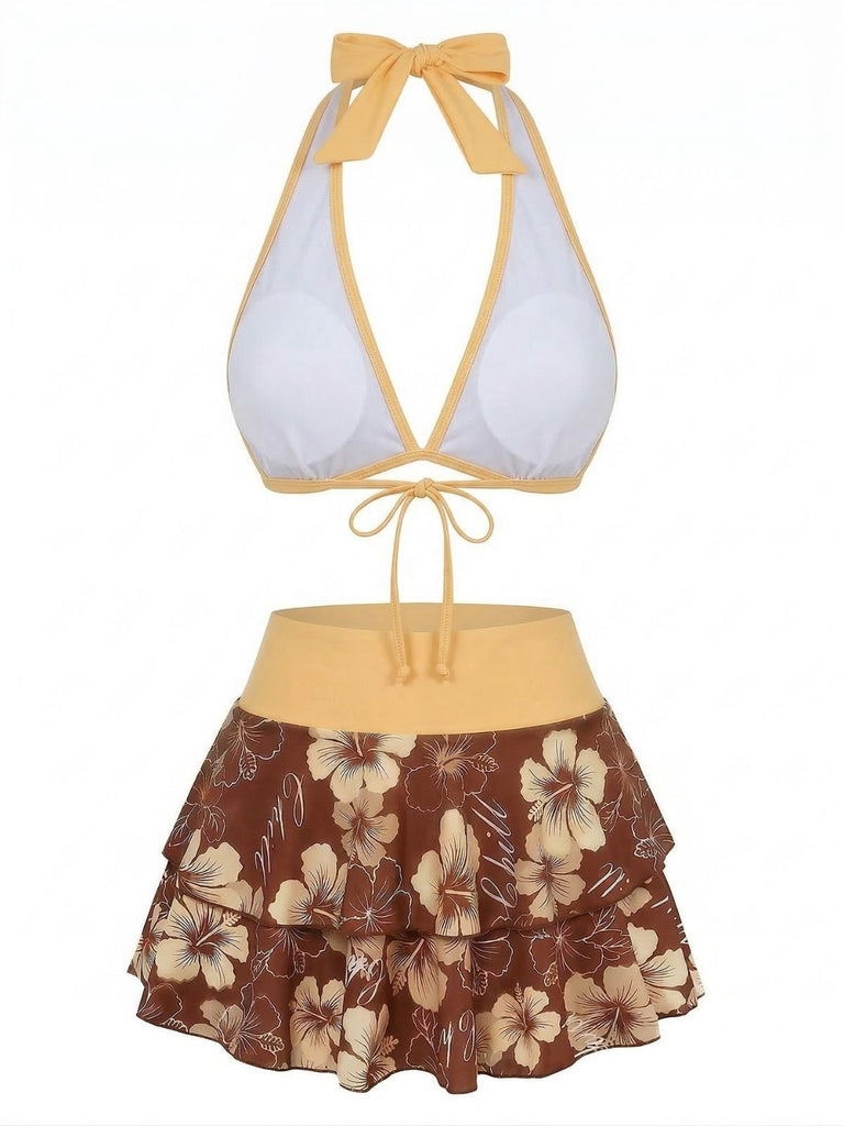 Bikini marron imprimé floral volanté années 1960
