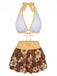 Bikini marron imprimé floral volanté années 1960