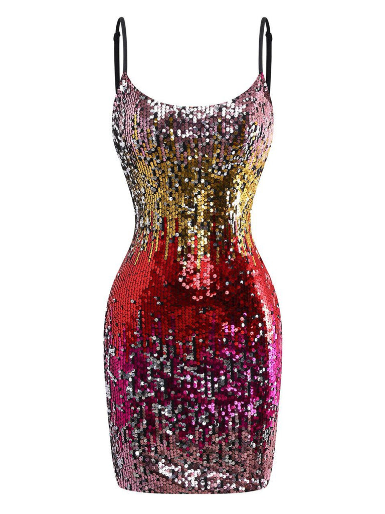Robe moulante à sequins multicolores bretelles spaghetti des années 1980