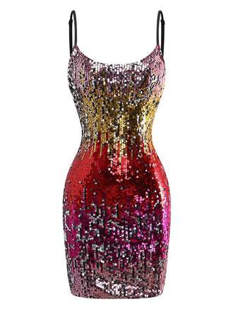 Robe moulante à sequins multicolores bretelles spaghetti des années 1980
