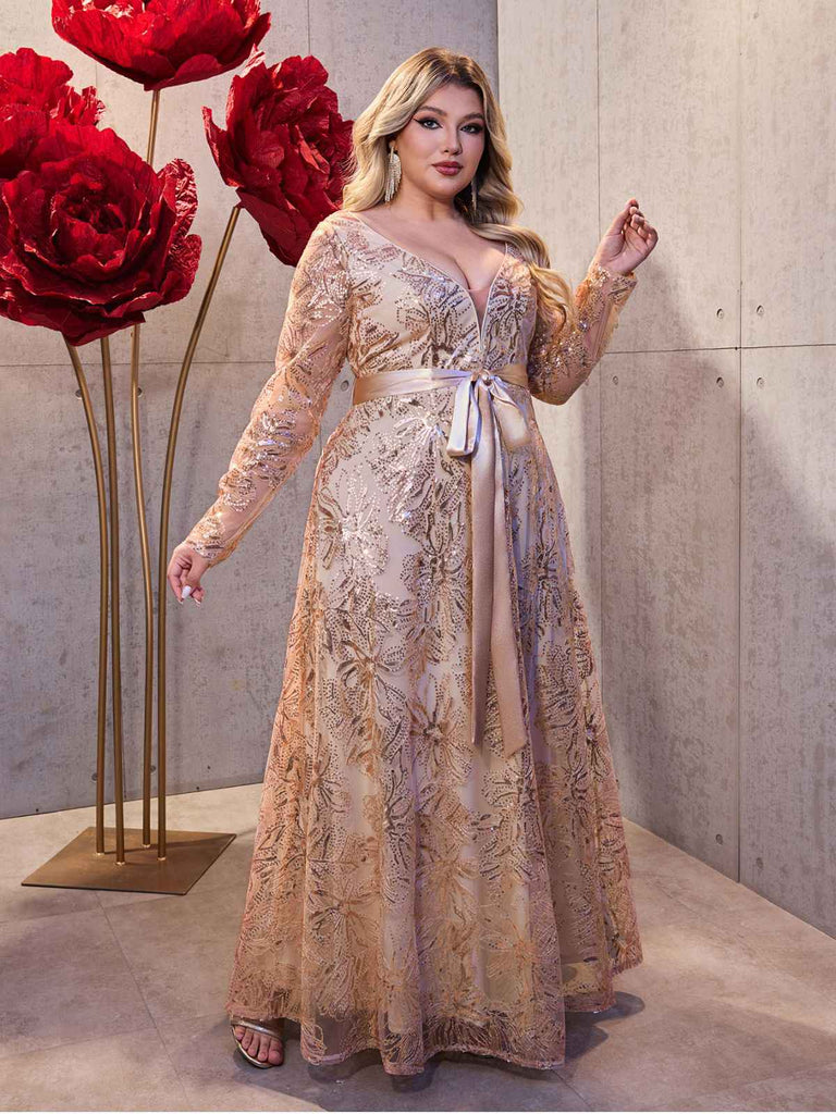 [Grande Taille] Robe en résille col en V profond dos nu à paillettes dorés style années 30