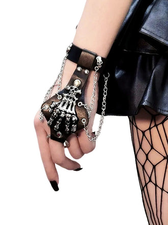 Bracelet de doigt en cuir et chaîne de main squelette punk