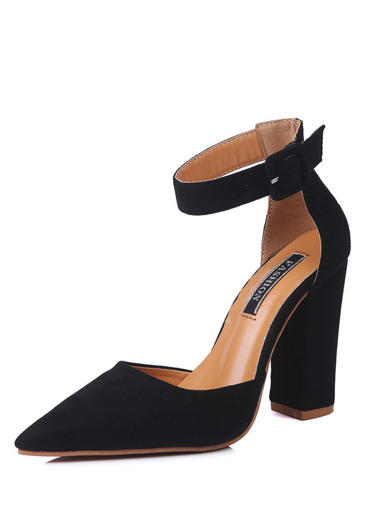 Escarpins talons hauts en daim avec bride la cheville et bout pointu