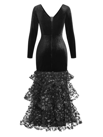 Robe sirène noire à fleurs, volants et taille froncée années 1980