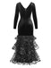 Robe sirène noire à fleurs, volants et taille froncée années 1980