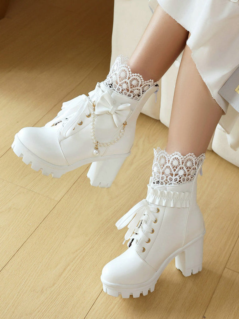 Bottes À Talons Épais Dentelle Perles Nœud Vintage
