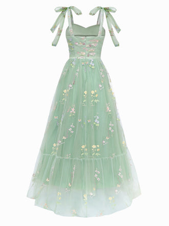 Robe verte en maille fleurie brodée à épaules dénudées des années 1930