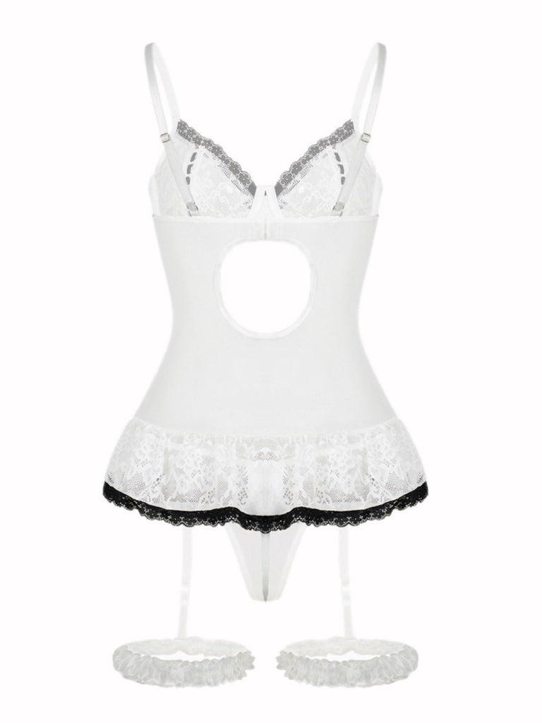 Ensemble de lingerie lacets et nœud en dentelle contrastée années 1970