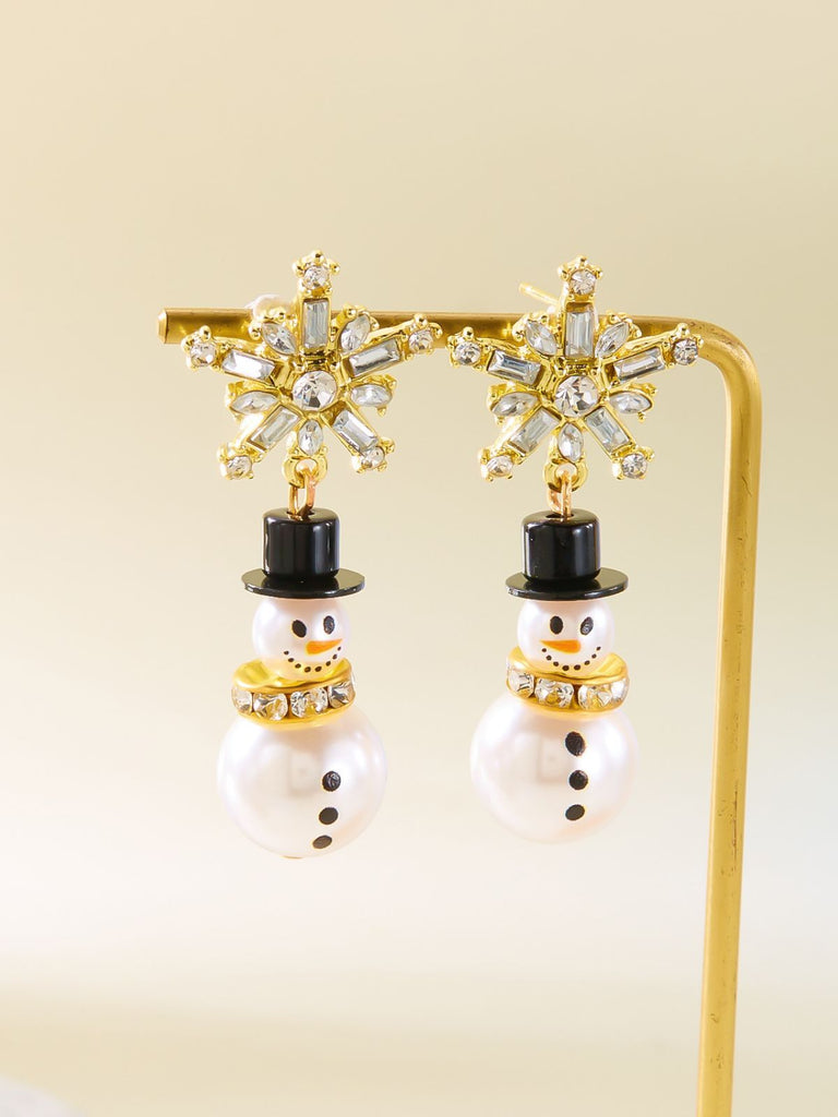 Boucles d'oreilles bonhomme de neige en strass flocons de neige et perles