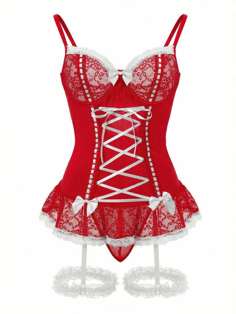 Ensemble de lingerie lacets et nœud en dentelle contrastée années 1970