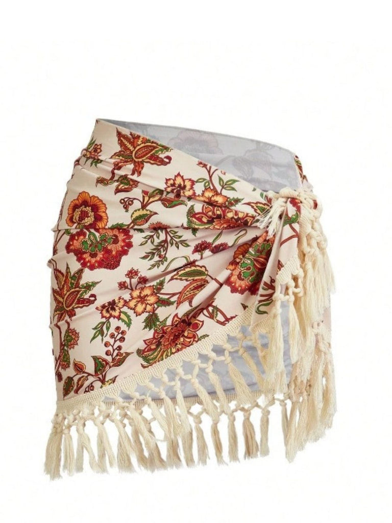 2PCS Maillot de bain et paréo à franges et décolleté en V profond années 1960