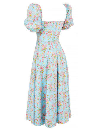 Robe fendue à col carré à petites fleurs des années 1940