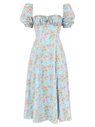 Robe fendue à col carré à petites fleurs des années 1940