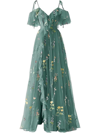 [Prévente] Robe fendue en tulle brodé de fleurs années 1970