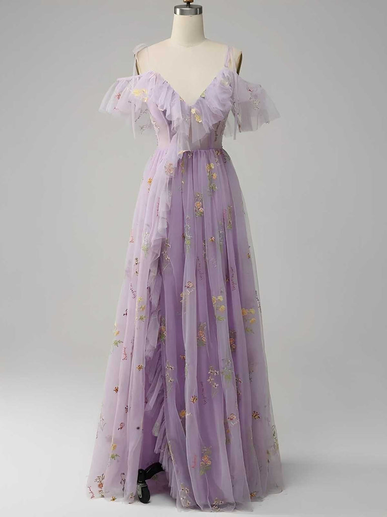 [Prévente] Robe fendue en tulle Lac Verte brodé de fleurs années 1970