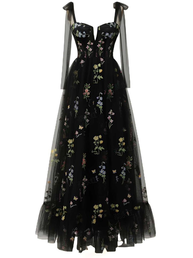Robe longue noire brodée à fleurs en maille à épaules nouées des années 1930