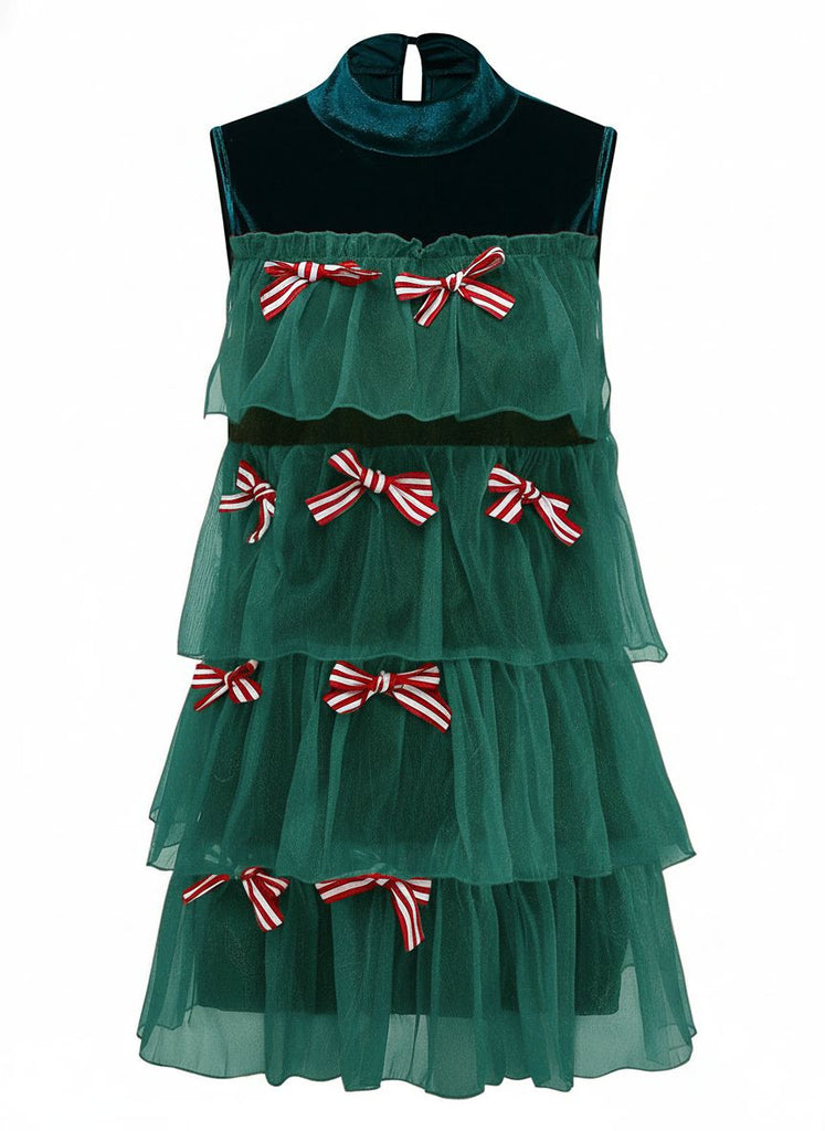 Robe de sapin de Noël en velours et maille patchwork avec nœud des années 1960