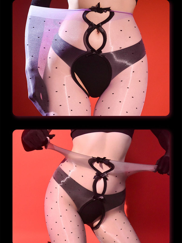 Collants en résille sans entrejambe à pois et nœud découpé