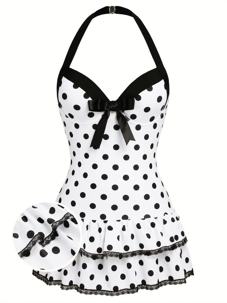 Maillot de bain une pièce bleu à pois et nœud années 1940
