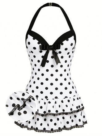 Maillot de bain une pièce Blanche à pois et nœud des années 1940