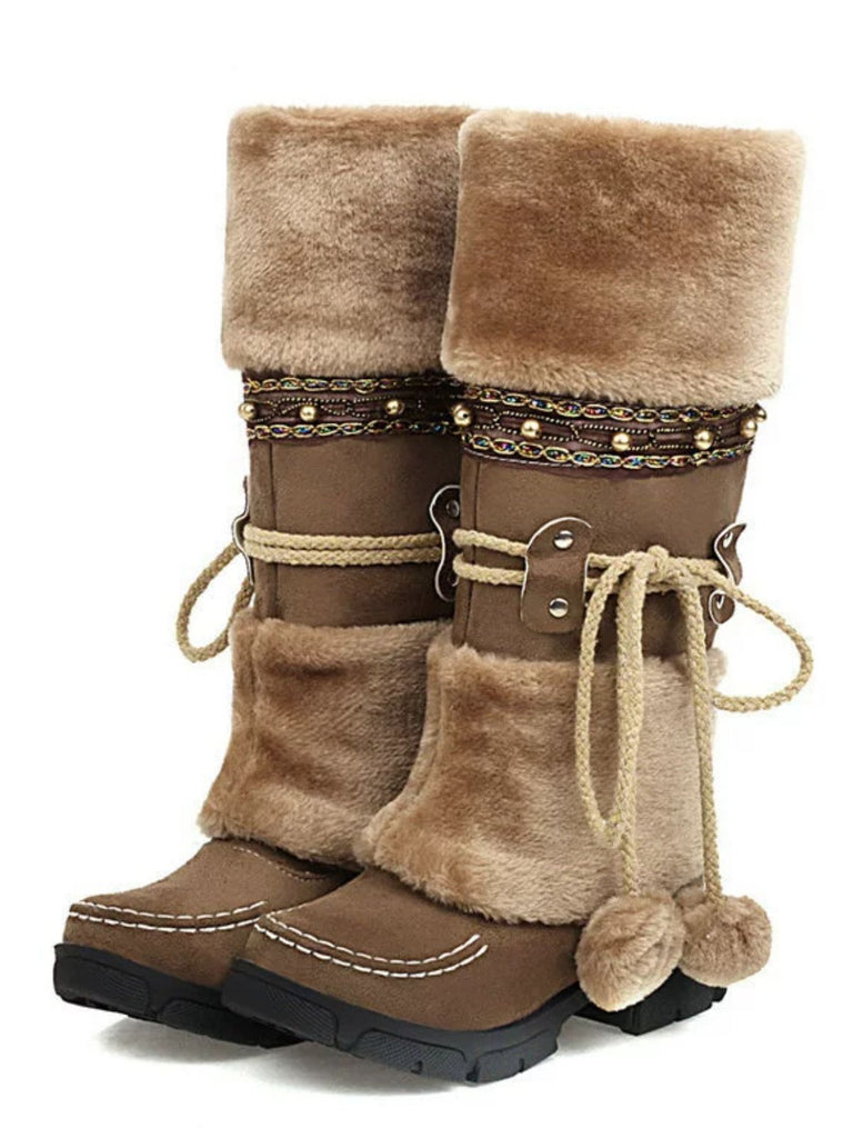 Bottes d'hiver vintage à pompons en fausse fourrure