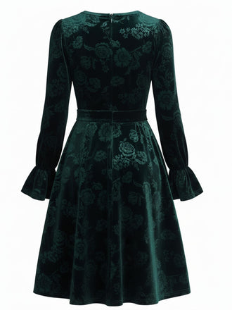 Robe en velours vert à imprimé roses et jacquard années 1960