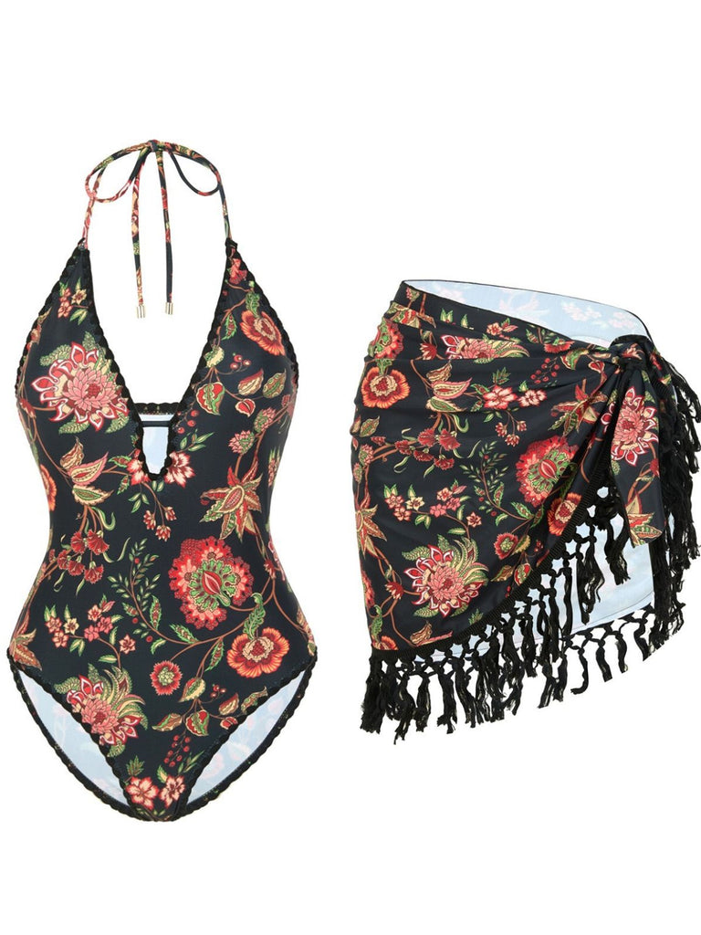 2PCS Maillot de bain et paréo à franges et décolleté en V profond années 1960