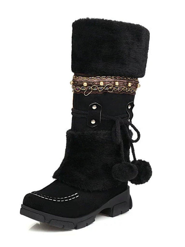 Bottes d'hiver vintage à pompons en fausse fourrure