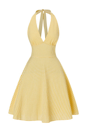 Robe à carreaux jaunes col v dos nu des années 1960