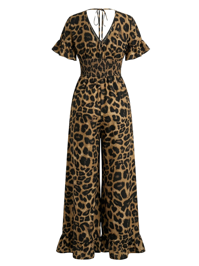 Brown 1930s Leopard Ruffled V-Neck Empire Waist Jumpsuit - vintage jumpsuit, retro fashion