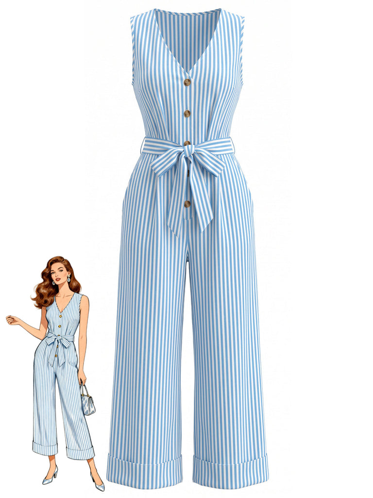 Combinaison Sans Manches Col V Rayures Verticales avec Ceinture Bleu Années 30