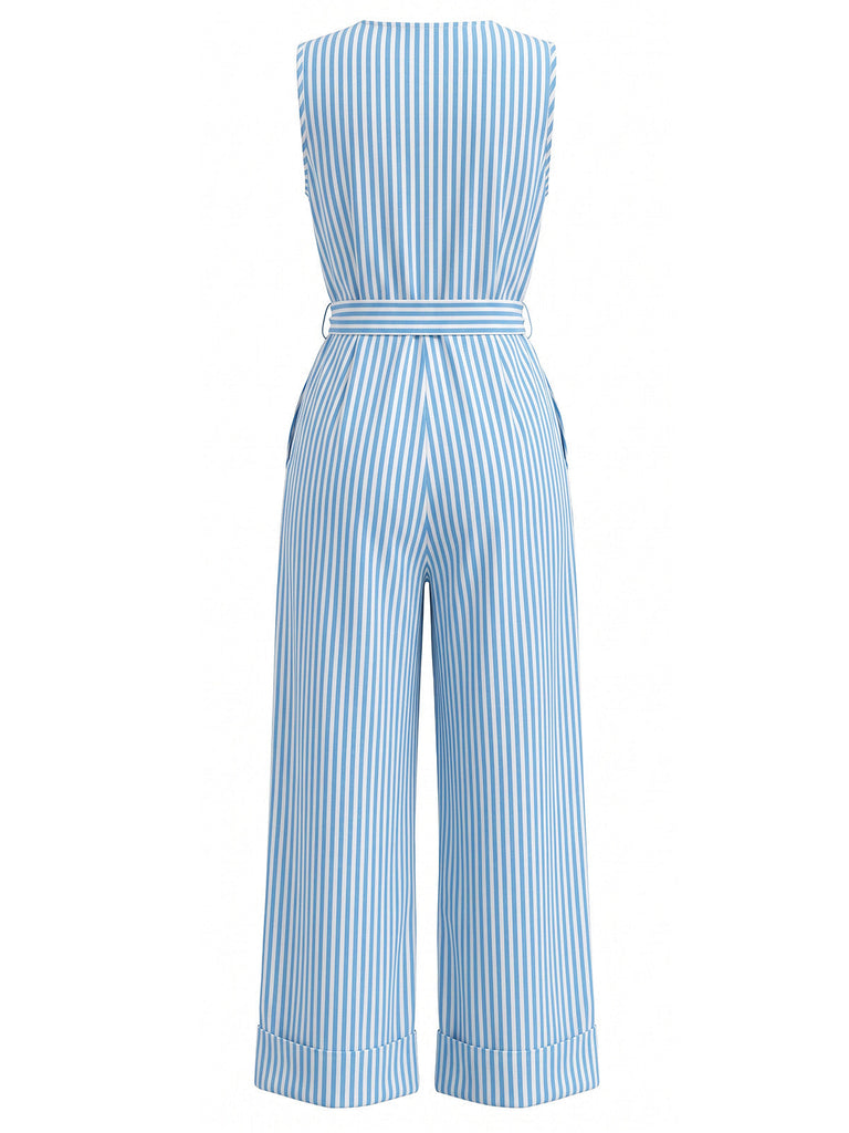 Combinaison Sans Manches Col V Rayures Verticales avec Ceinture Bleu Années 30