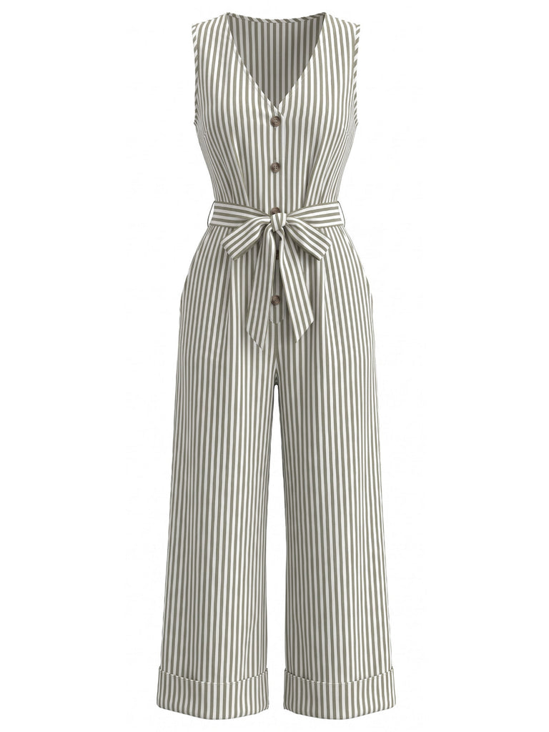 Combinaison Sans Manches Col V Rayures Verticales avec Ceinture Bleu Années 30