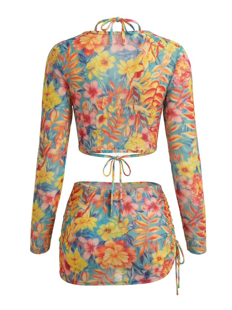 Ensemble Bikini Floral Dos Nu & Paréo en Mesh Manches Longues années '60 3