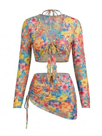 Ensemble Bikini Floral Dos Nu & Paréo en Mesh Manches Longues années '60 2