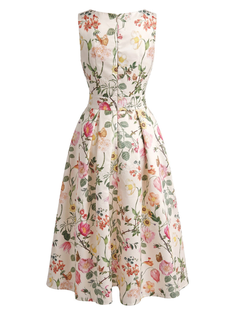 Robe en A Florale Col Bateau Sans Manches Imprimée Années 1940 2