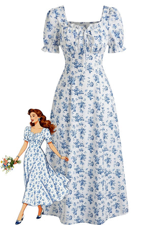 Florale Manches Bouffantes Midi Robe Années 1940