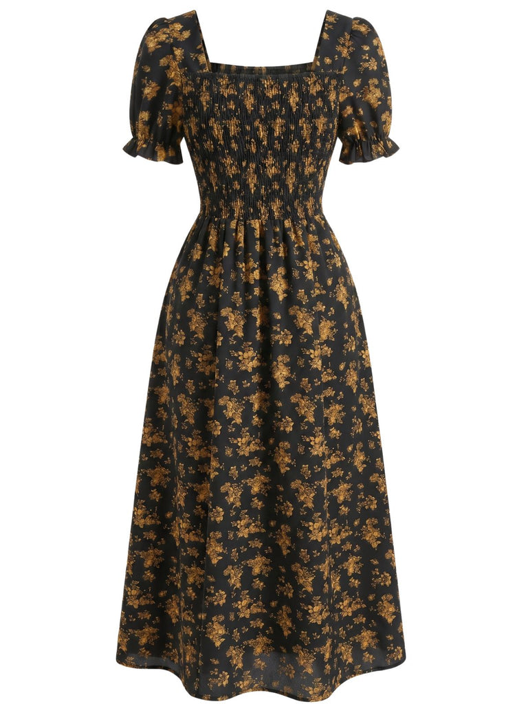 Florale Manches Bouffantes Midi Robe Années 1940 7