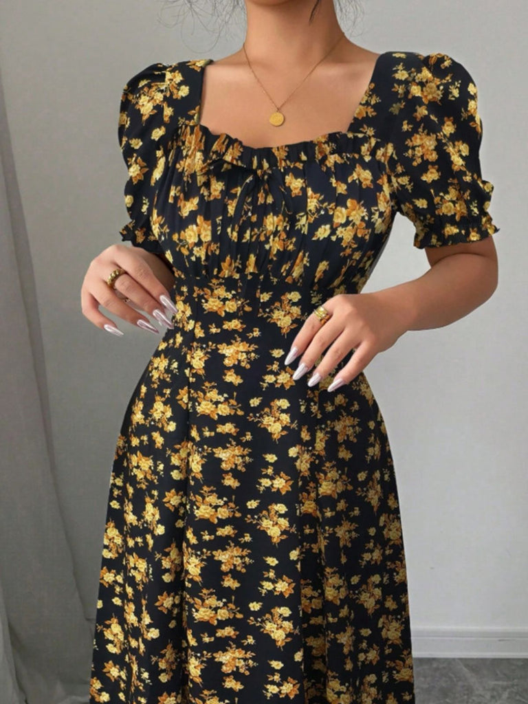 Florale Manches Bouffantes Midi Robe Années 1940 9