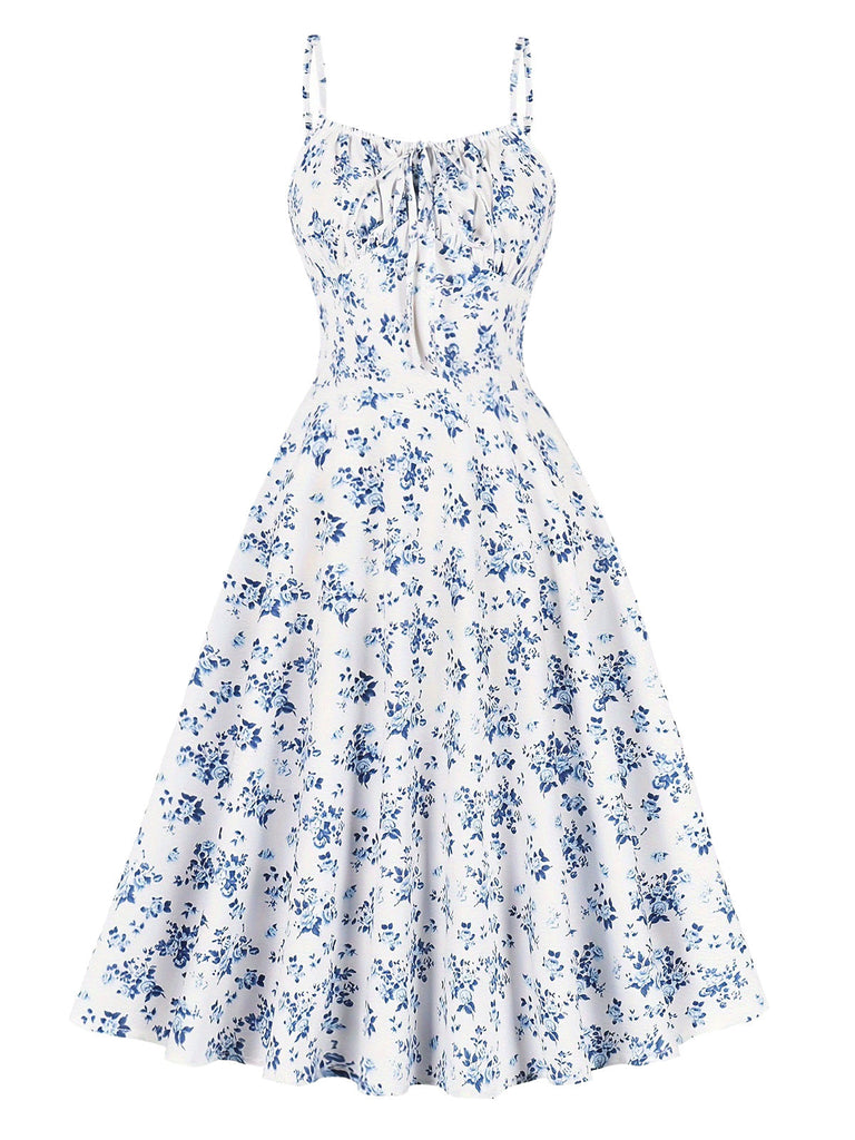Robe Évasée Florale Sans Manches Bretelles Fines Années 1940 2