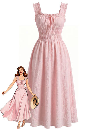 Col Carré Texturé Smoked Waist à Volants Bride Robe Années 1940