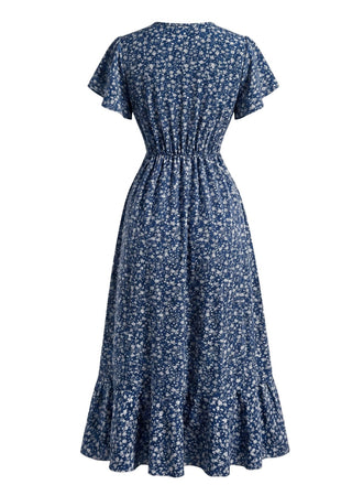 Robe Sirène Col V à Petites Fleurs Orange Années 40
