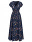 Robe Maxi Manches Courtes Fleurs Bleu Foncé Années 1940